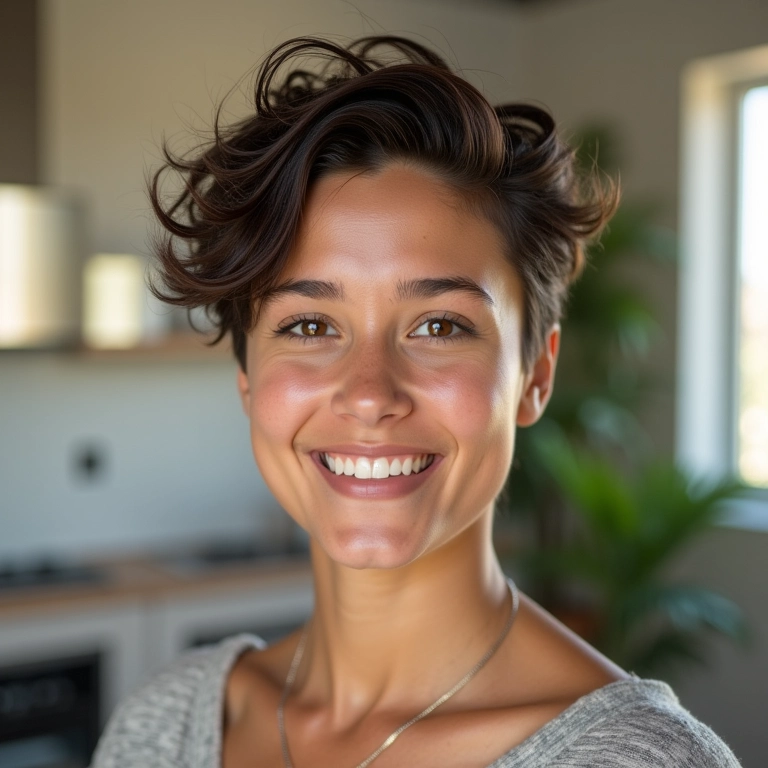 Corte pixie com ondas soltas em mulher brasileira.