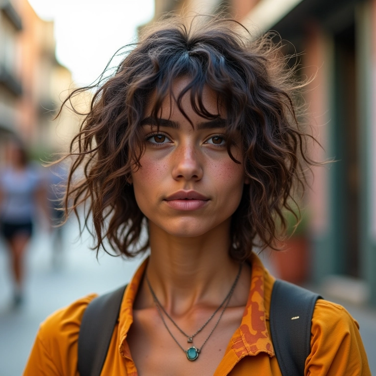 Corte shag em mulher brasileira em rua urbana.