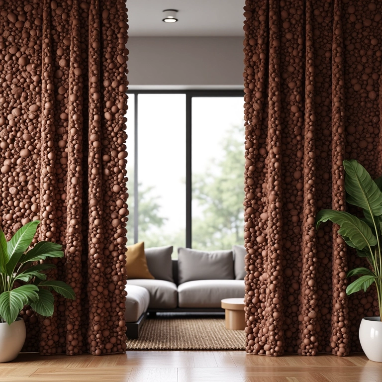 Cortina criativa feita de cápsulas de café dividindo uma sala de estar.