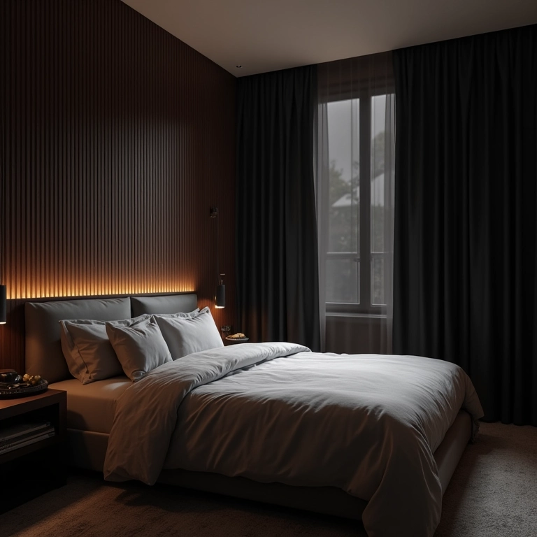 Cortinas blackout em quarto de hóspedes, garantindo privacidade e escuridão para um sono reparador.