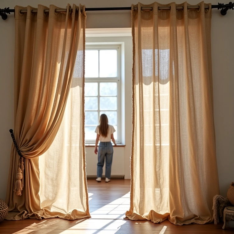 Cortinas de corda de sisal dividindo um ambiente com luz natural.