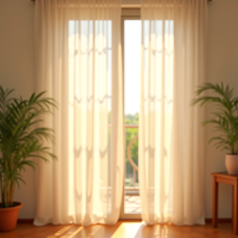 Cortinas de voil brancas esvoaçantes em um apartamento ensolarado.