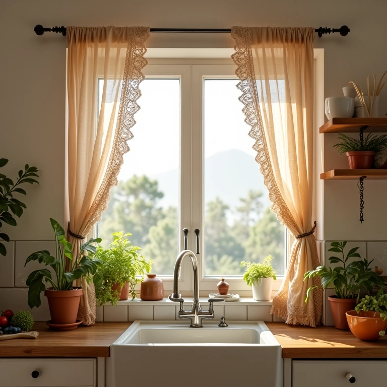 Cortinas e acessórios de crochê na cozinha.