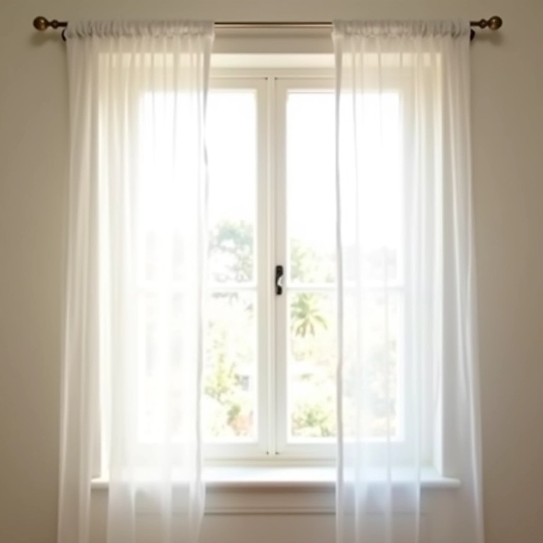 Cortinas leves controlam a luminosidade na cozinha.