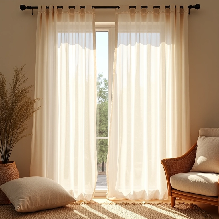 Cortinas leves na sala de estar com decoração em estilo brasileiro, criando privacidade.