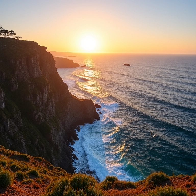 Costa de Garopaba, Santa Catarina, com baleias ao fundo.