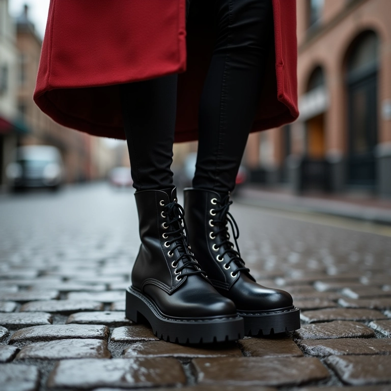 Coturno tratorado: mulher estilosa usando botas robustas em rua de paralelepípedos.