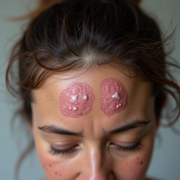 Couro cabeludo com psoríase, mostrando placas e inflamação.