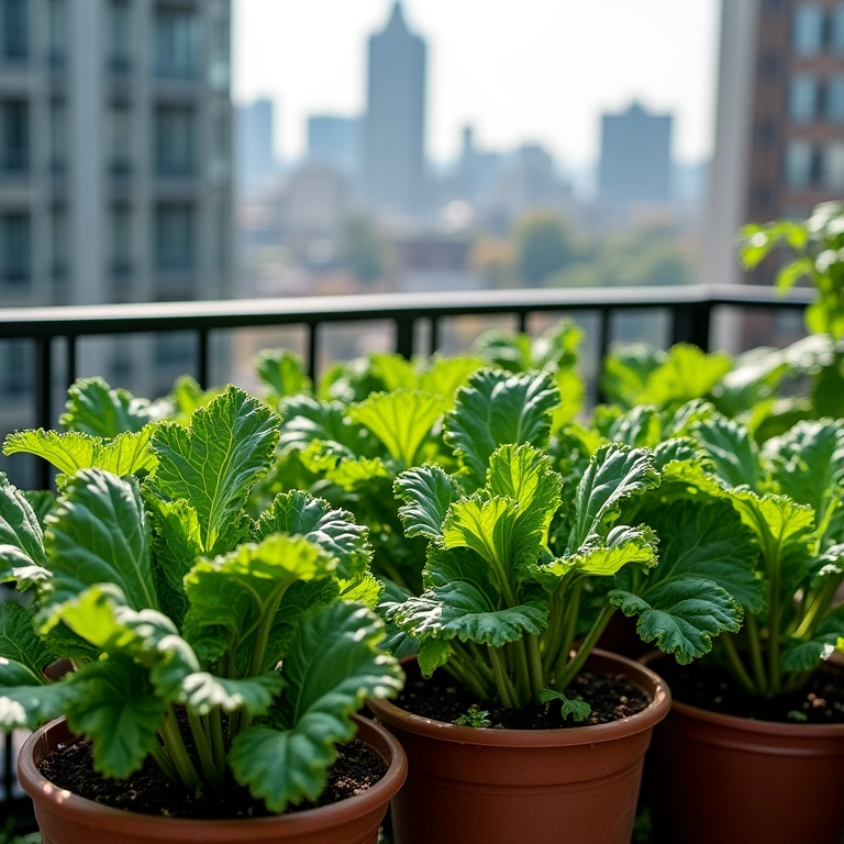 Couve crescendo em vasos e jardineiras em uma varanda urbana.