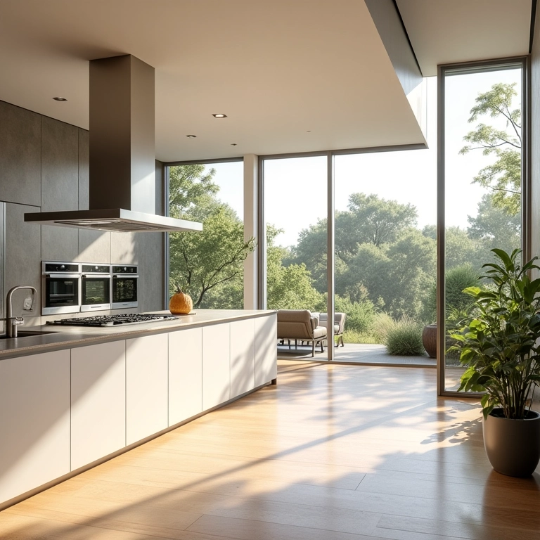 Cozinha americana com abundante luz natural.