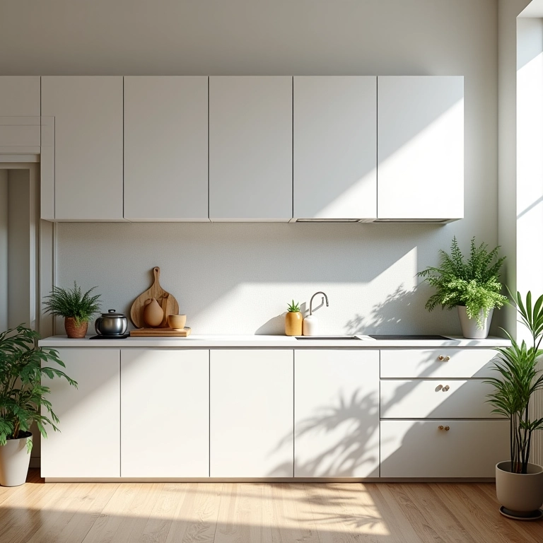 Cozinha americana com sala pequena, cores claras e iluminação natural.