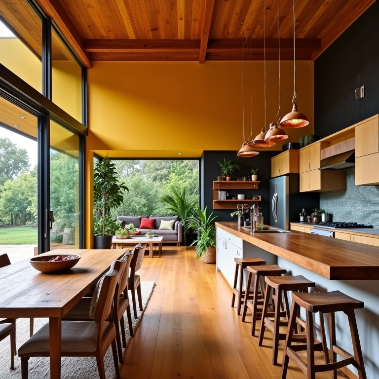 Cozinha americana integrada à sala, design brasileiro vibrante.