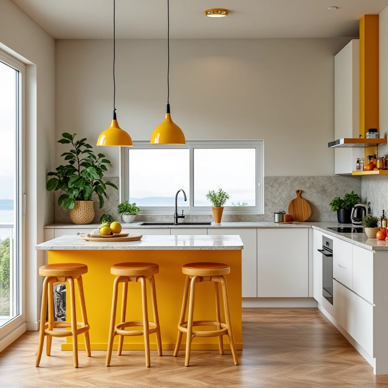 Cozinha americana pequena com bancada integrada e cores claras.