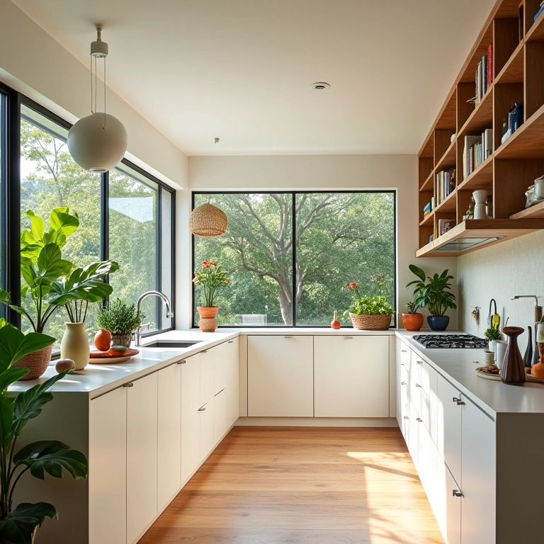 Cozinha americana pequena e bem iluminada com design brasileiro.