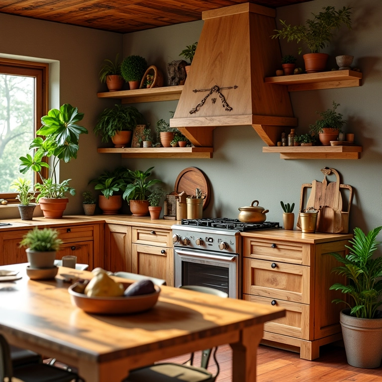 Cozinha brasileira colorida com diversos itens de artesanato em MDF, iluminação natural.