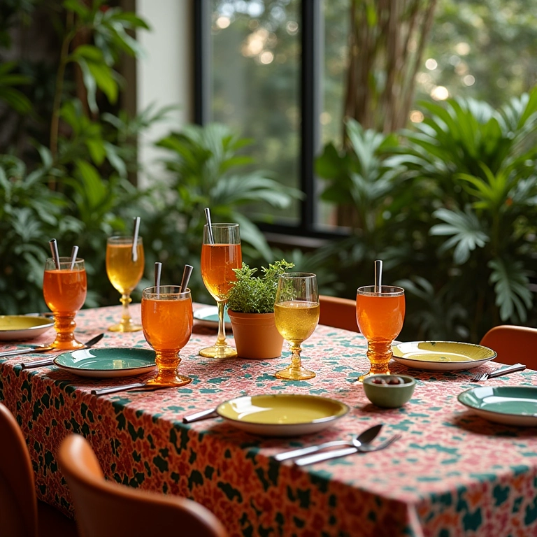 Cozinha brasileira com toalha de mesa vichy e louças coloridas.