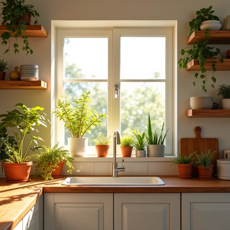 Cozinha brasileira iluminada pela luz natural, organizada e funcional.