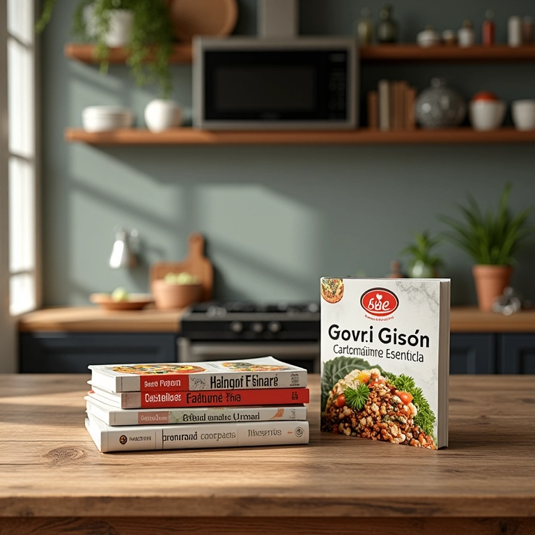 Cozinha brasileira moderna com diversos livros de culinária, incluindo 'Base Gastronômica Essencial'.