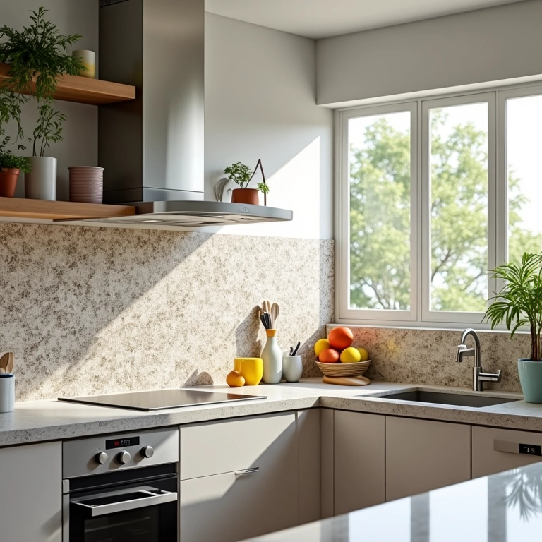 Cozinha brasileira moderna com diversos revestimentos estilosos, luz natural e decoração vibrante.