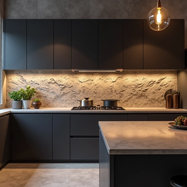 Cozinha brasileira moderna com revestimento 3D e iluminação dinâmica.