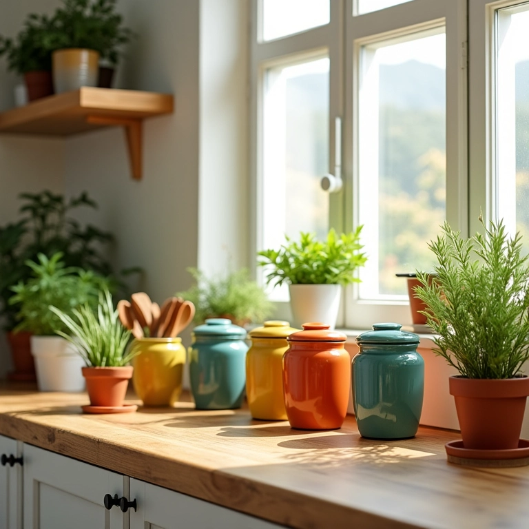 Cozinha brasileira organizada com utensílios coloridos e iluminação natural.