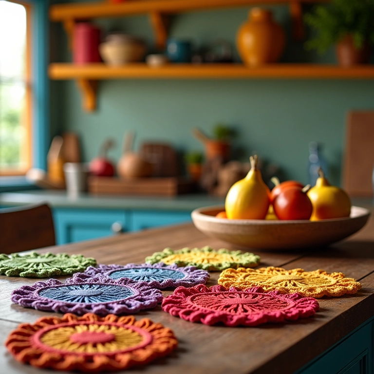Cozinha brasileira vibrante com panos de prato de crochê coloridos.