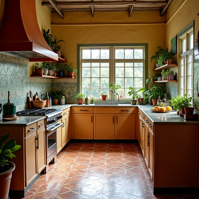 Cozinha brasileira vintage com piso de ladrilho hidráulico e decoração colorida.