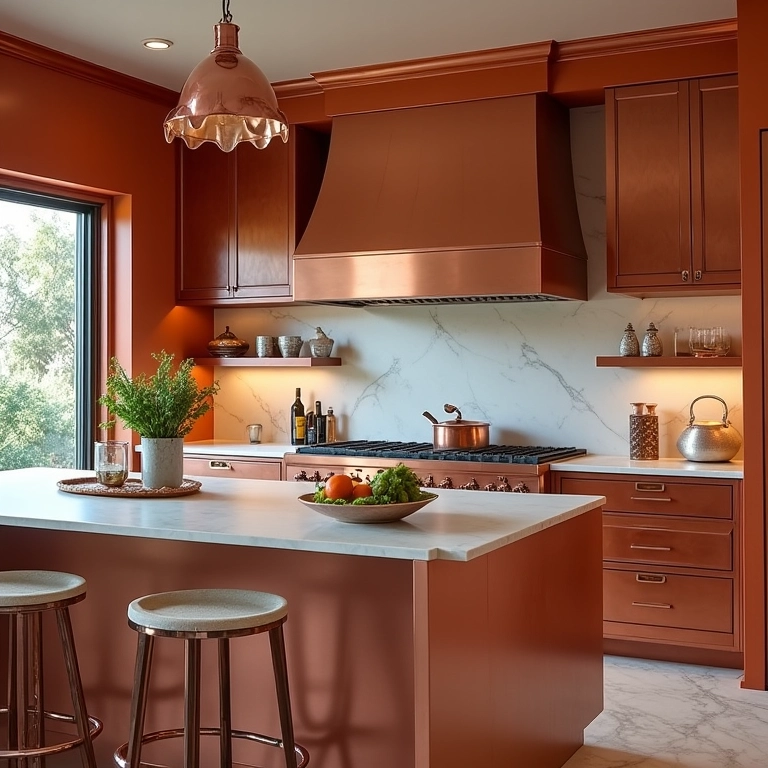 Cozinha charmosa com detalhes em cobre e estilo brasileiro vibrante.