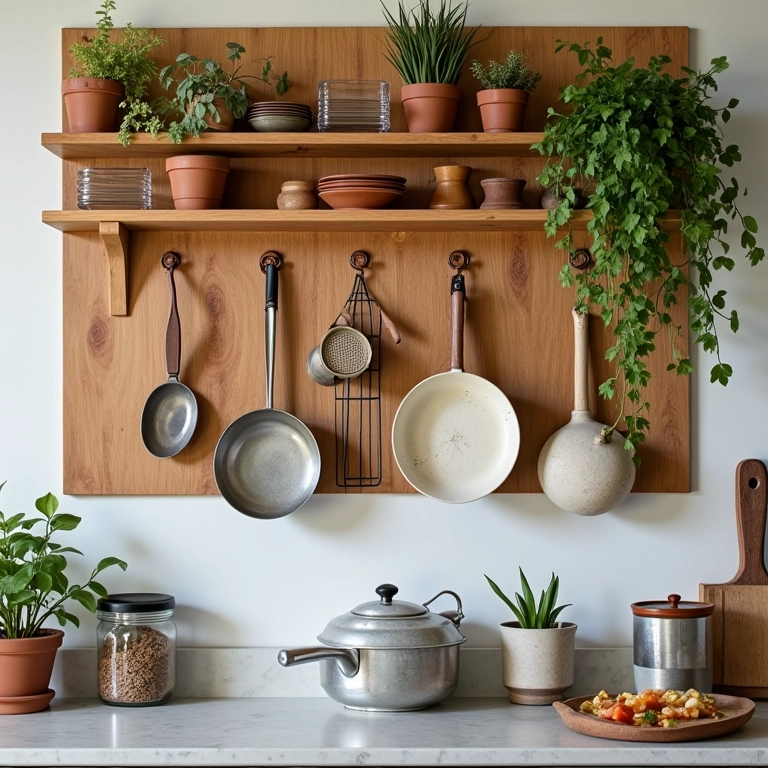 Cozinha charmosa e organizada com painel de eucatex para utensílios, temperos e plantas suspensas.