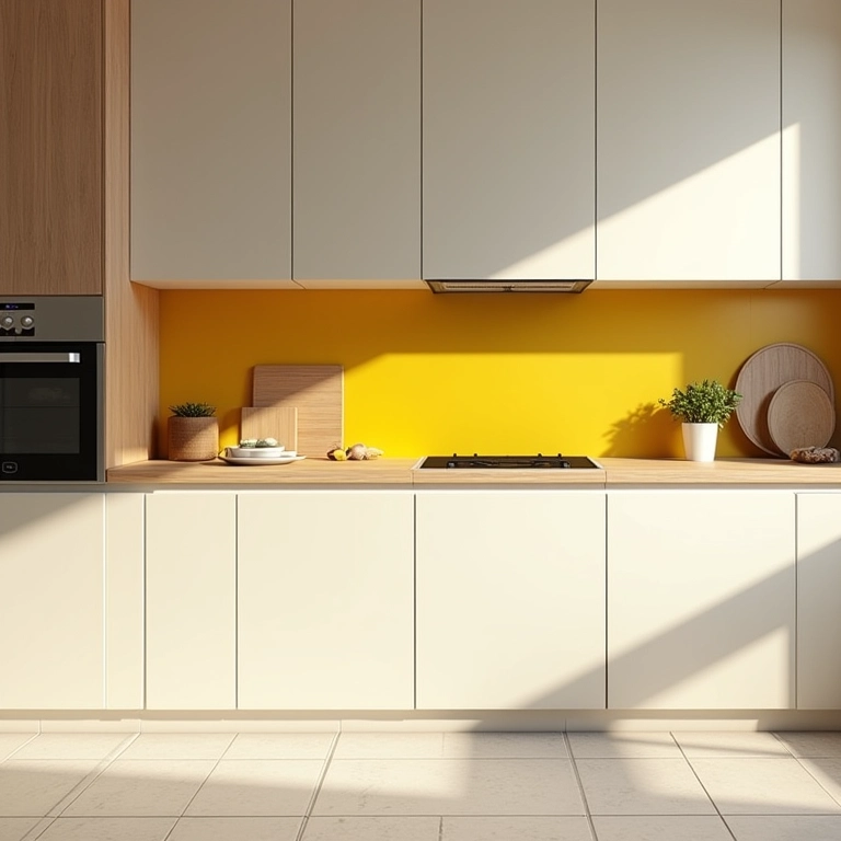 Cozinha com armários marfim e backsplash amarelo mostarda, cheia de energia.