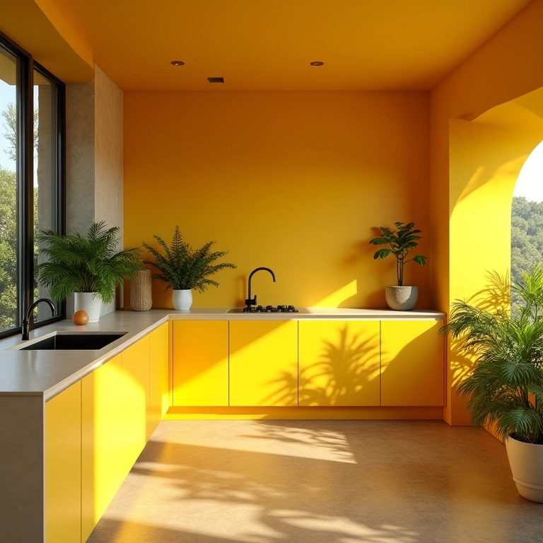 Cozinha com paredes amarelas, irradiando alegria e otimismo.