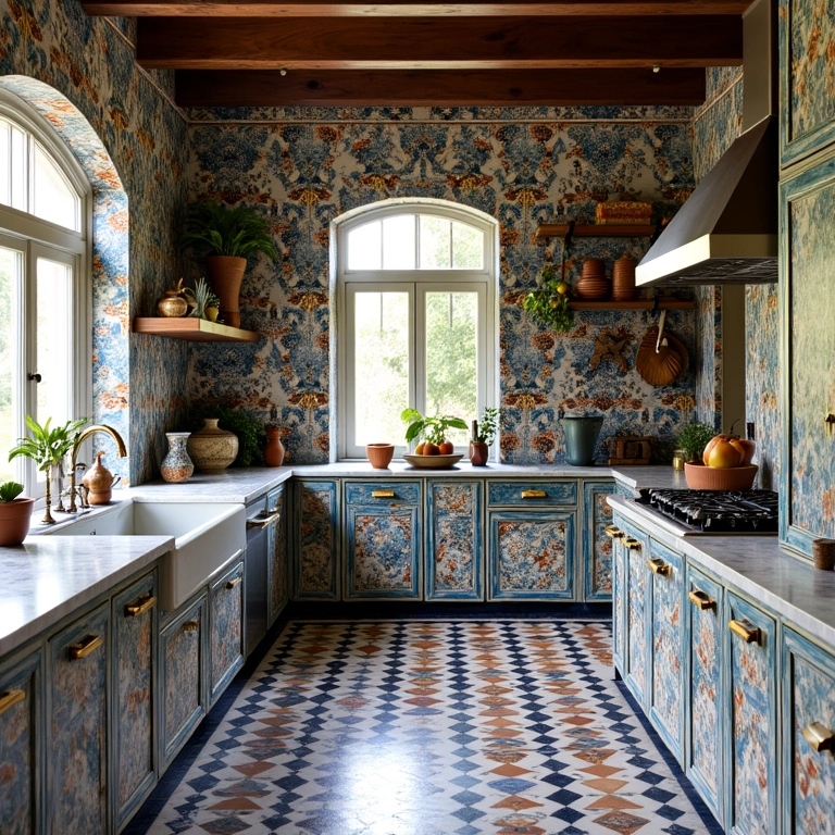 Cozinha com revestimento completo de azulejos estampados.