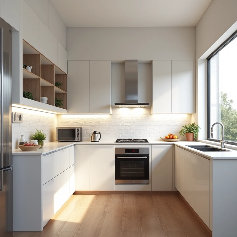 Cozinha de canto com armários sob medida e design funcional.