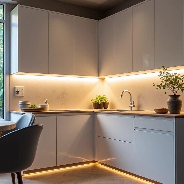 Cozinha de canto com cores claras e iluminação estratégica.