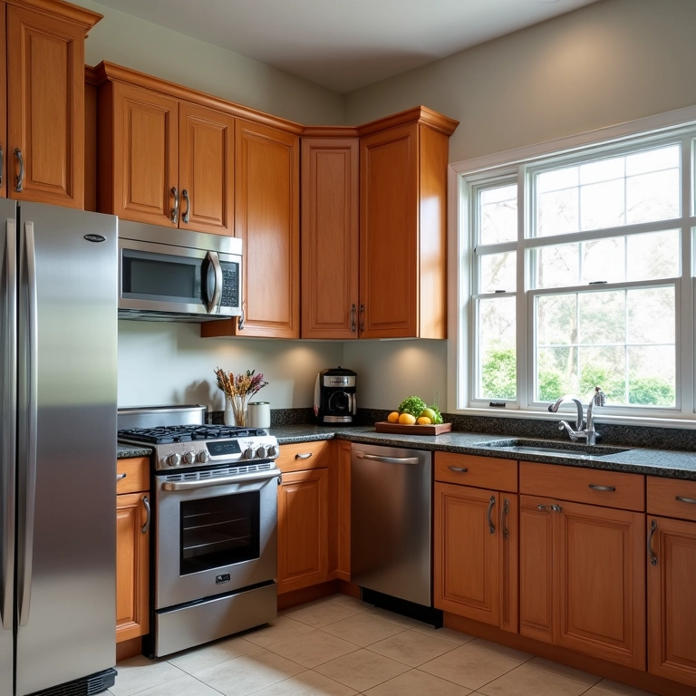 Cozinha de canto com materiais duráveis e armários de madeira maciça.