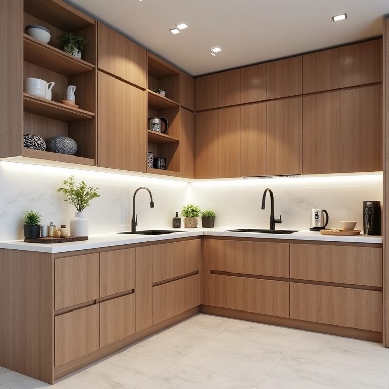 Cozinha de canto com otimização inteligente do espaço e armários planejados.