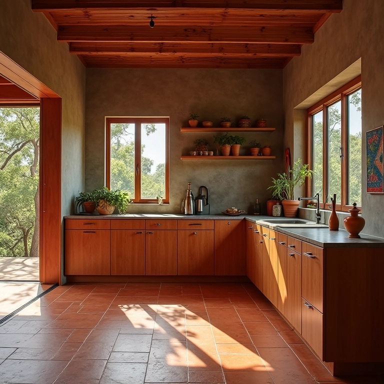 Cozinha em tons terrosos com azulejos de terracota, armários de madeira e tecidos brasileiros.
