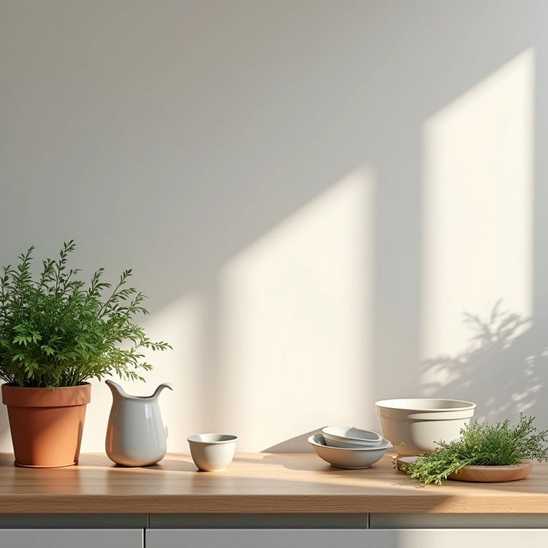 Cozinha escandinava com bancada de madeira, materiais naturais e ervas em vasos.