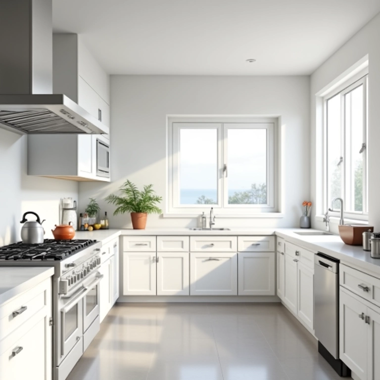 Cozinha minimalista clara e organizada, facilitando a limpeza e manutenção.