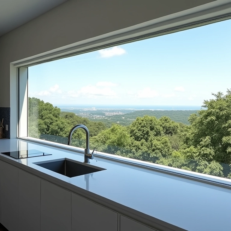 Cozinha moderna com janela deslizante e vista panorâmica.