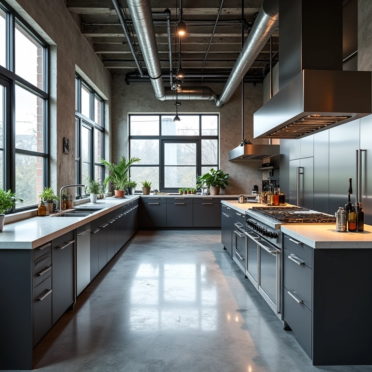 Cozinha moderna com tubulações aparentes e piso de concreto.