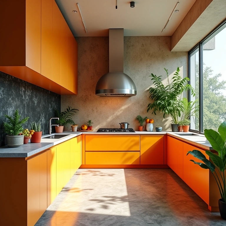 Cozinha moderna e vibrante de 2025 com design brasileiro, iluminação natural e eletrodomésticos avançados.