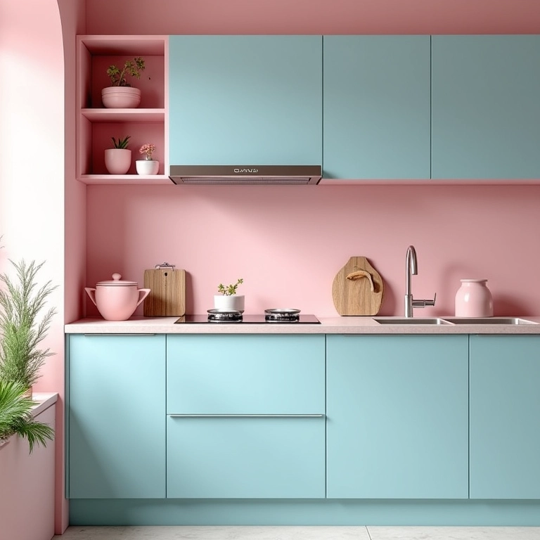 Cozinha pequena em tons pastel, com armários azul claro e acessórios rosa.