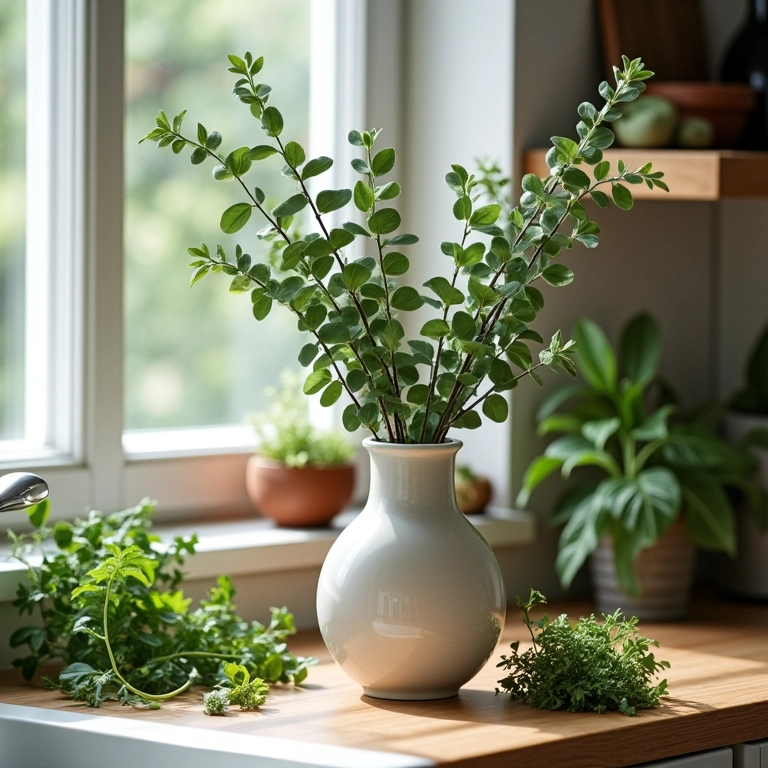 Cozinha rústica com eucalipto em um vaso.