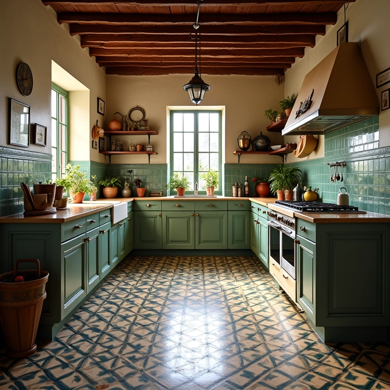 Cozinha vintage com azulejos hidráulicos no chão.