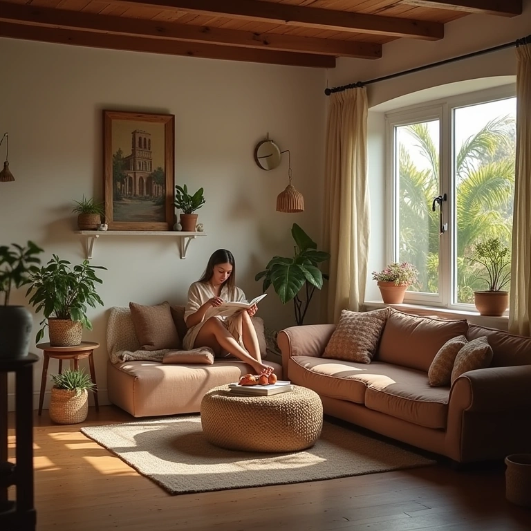 Cozy Portuguese guesthouse interior, solo female traveler reading, natural lighting, 8K, Farm Rio Acomodação acolhedora para viajante solo em Portugal.