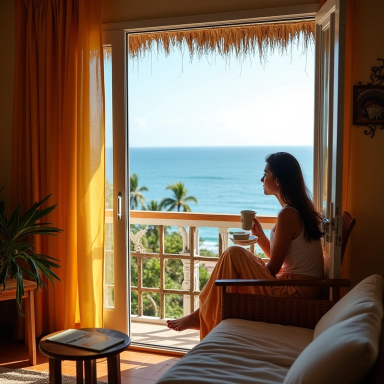 Cozy pousada in Praia do Rosa, Imbituba. Balcony view, woman enjoying coffee, ocean backdrop. Pousada charmosa na Praia do Rosa, Imbituba com vista para o mar.