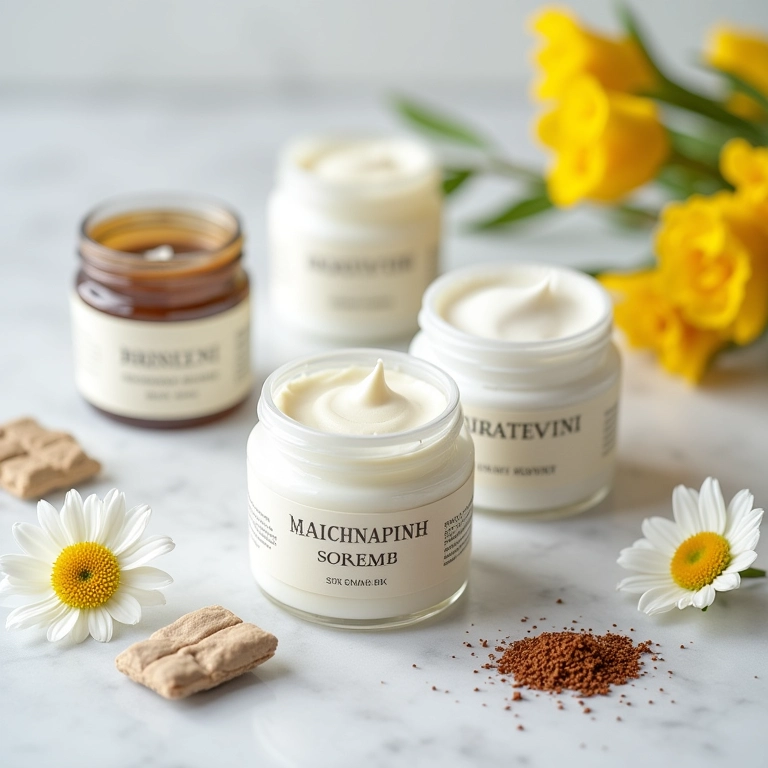 Cremes com ativos drenantes dispostos em uma superfície de mármore com flores.