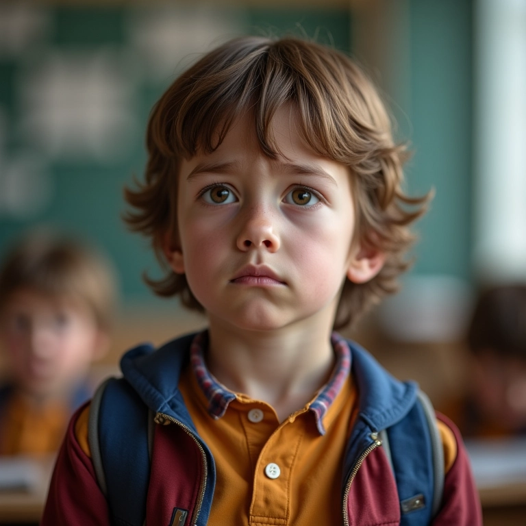 Criança em idade escolar com expressão preocupada, sentindo ansiedade em sala de aula.