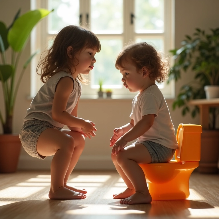 Criança imitando ações em casa, brincando com vaso sanitário de brinquedo.